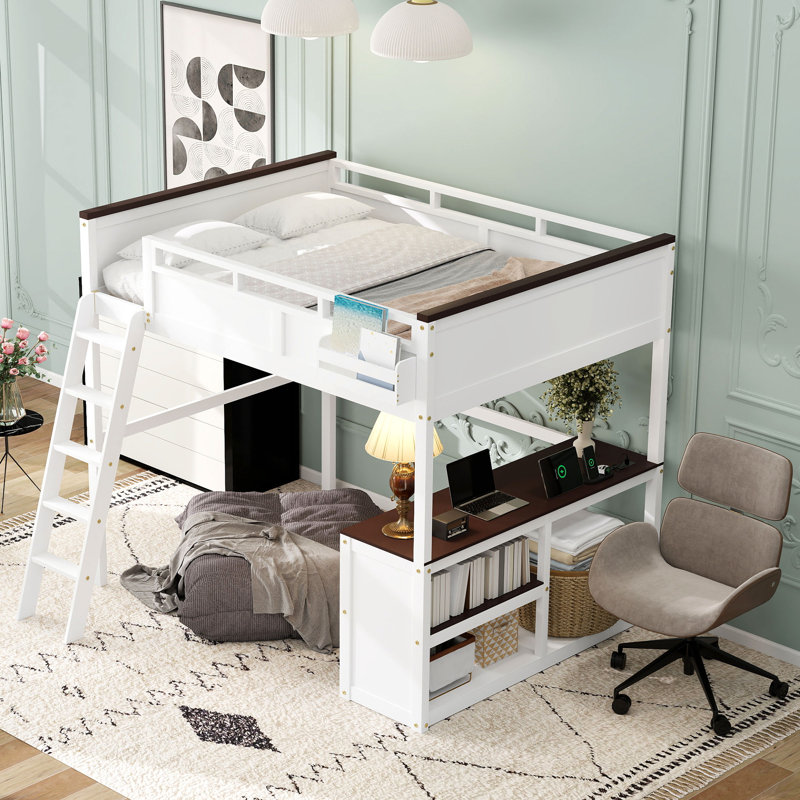 Queen Loft Bed With Built-In Desk And Charging Station