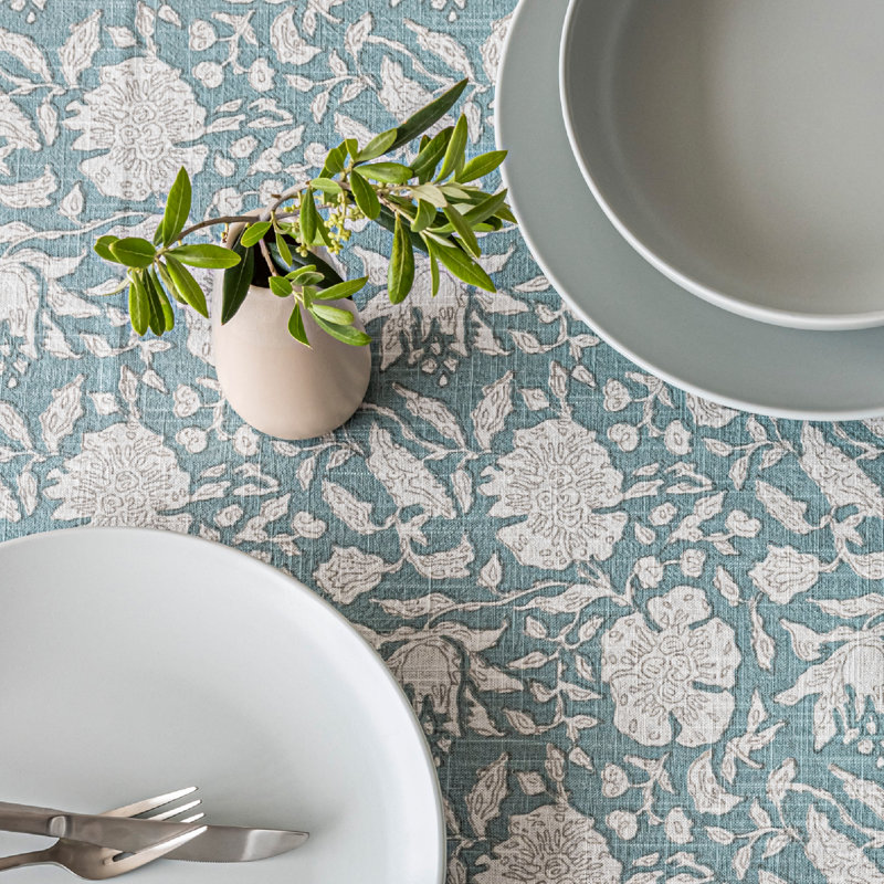 over&back Hand-Blocked Tablecloth, 70" W x 108" L, Blue Floral