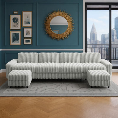 Lirien Furry Channel Fabric Down-Filled Sectional Sofa - 4-Seater Sectional With Two Ottomans