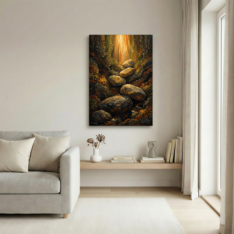Art texturé, "Textured Rocks in Sunlit Stream Forest", 36"H x 24"W