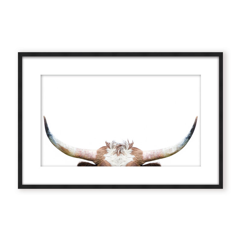 Nature Inspired Peeking Longhorn Cow by  - Picture Frame Photograph on Paper, 16" H x 24" W x 1.125" D, Black