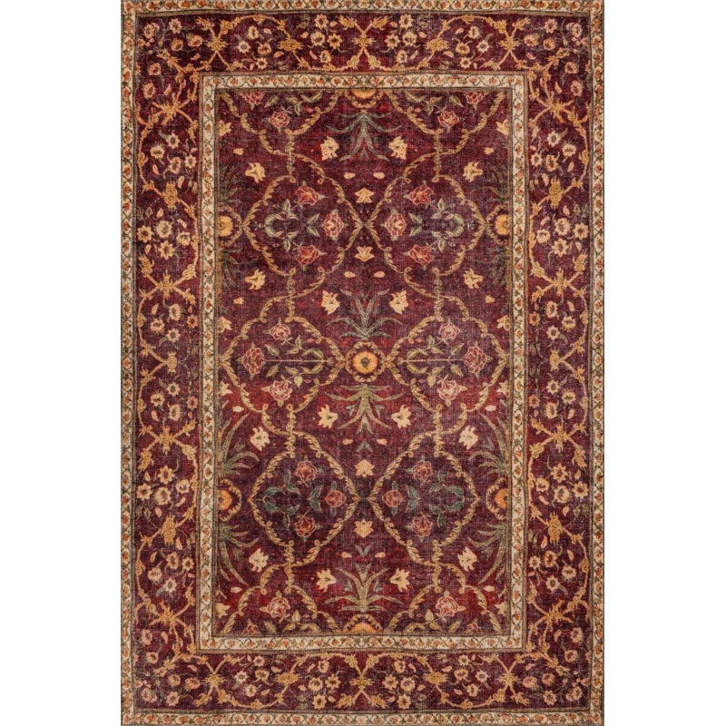 Tapis décoratif bourgogne en polyester oriental doux au toucher tissé à la machine, Rectangle 5 pi 3 po x 7 pi 7 po