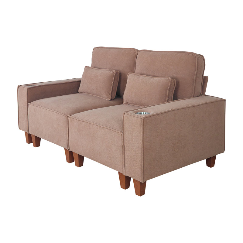 Canapé 2 places Chenille à assise profonde avec porte-gobelets en acier inoxydable brossé et 2 coussins décoratifs, Brun