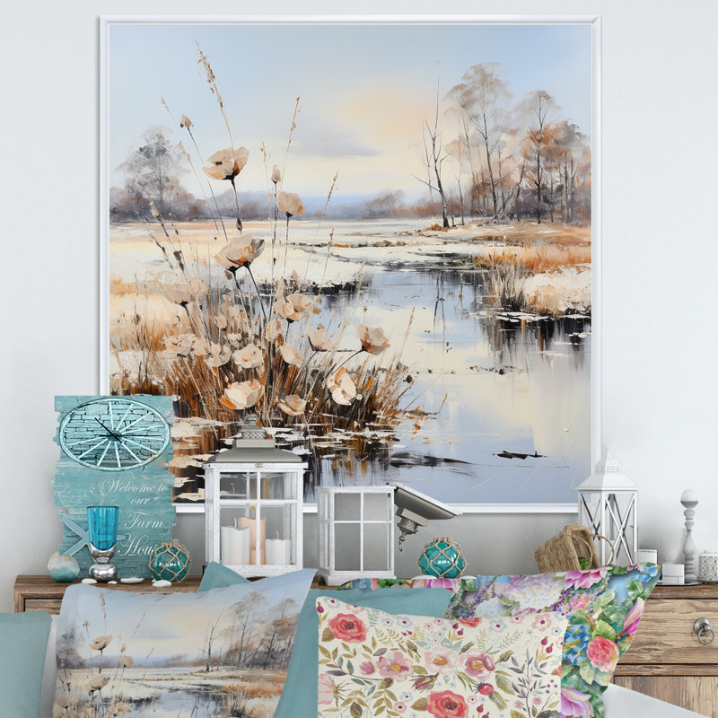 " River Meadow Charm In Winter ", White Floater Framed, 16" H x 16" W