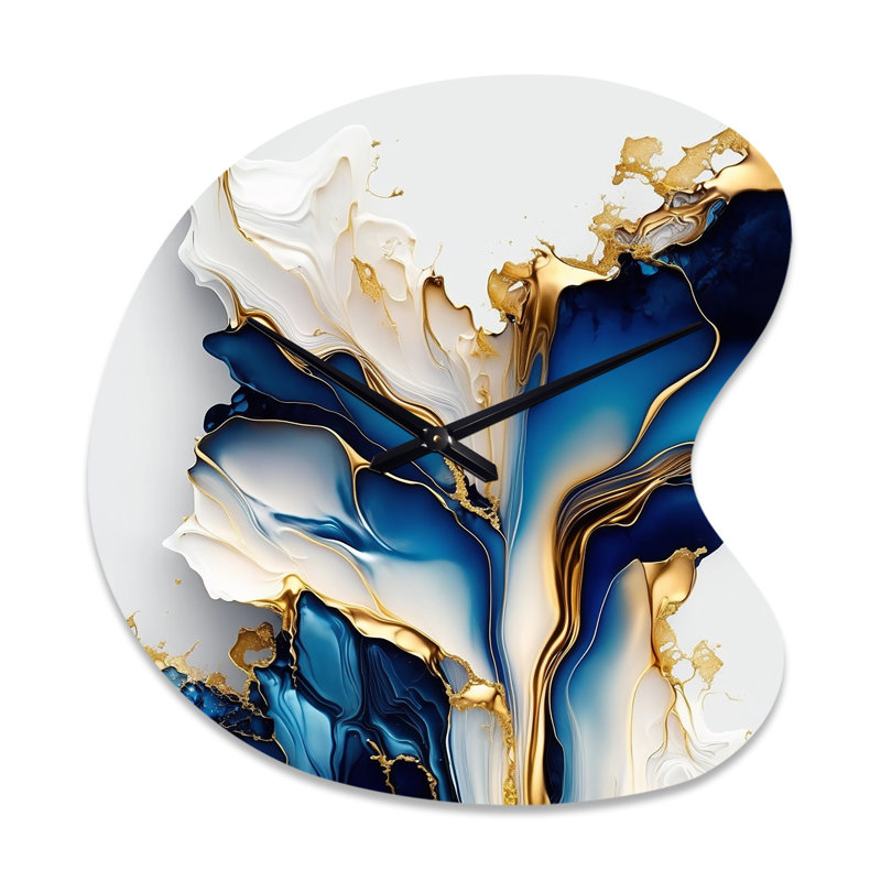 Abstract Geode Gold And Blue Marble Shape III - Drop Shape Unique Abstract Marble Wall Clock, Small