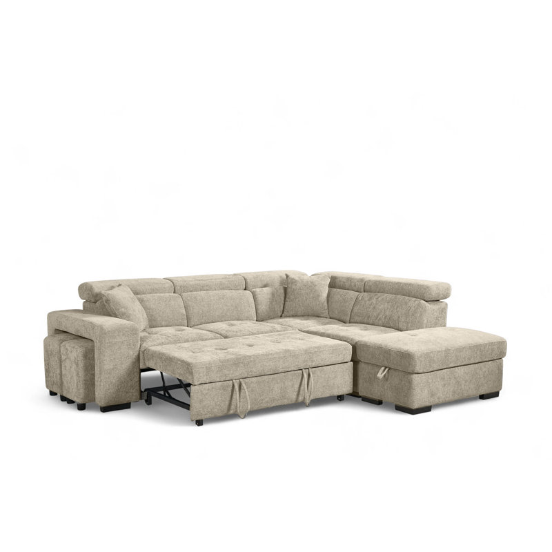 Corner Sofabed with Storage and Ottomans, Right Hand Facing, Beige Chenille