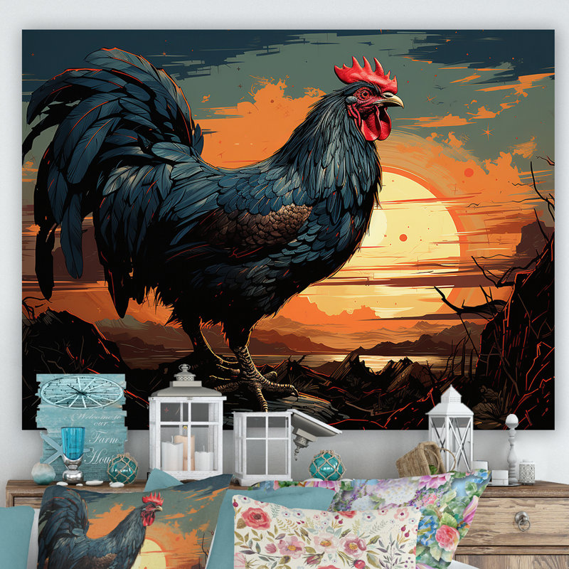 «Sunset Roosters Farmyard II», art mural coq, Toile tendue, H 34 po x l 44 po x P 1,5 po