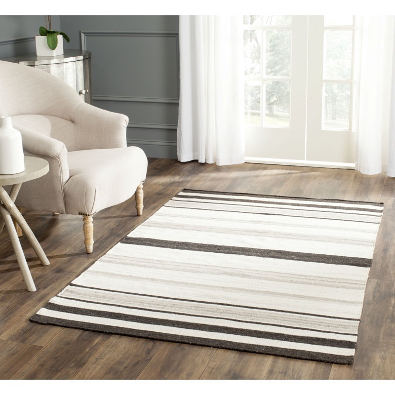 Emek Hand Woven Flat Weave H. S. Wool/Cotton Striped Rug in Black/Tan, Rectangle 3' x 5'