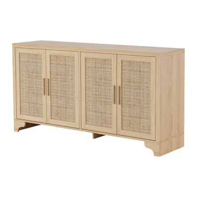 Buffet de console moderne bohème à 4 portes en rotin avec étagères réglables et modulables, meuble d'appoint polyvalent pour coin café ou salle à manger – Chêne