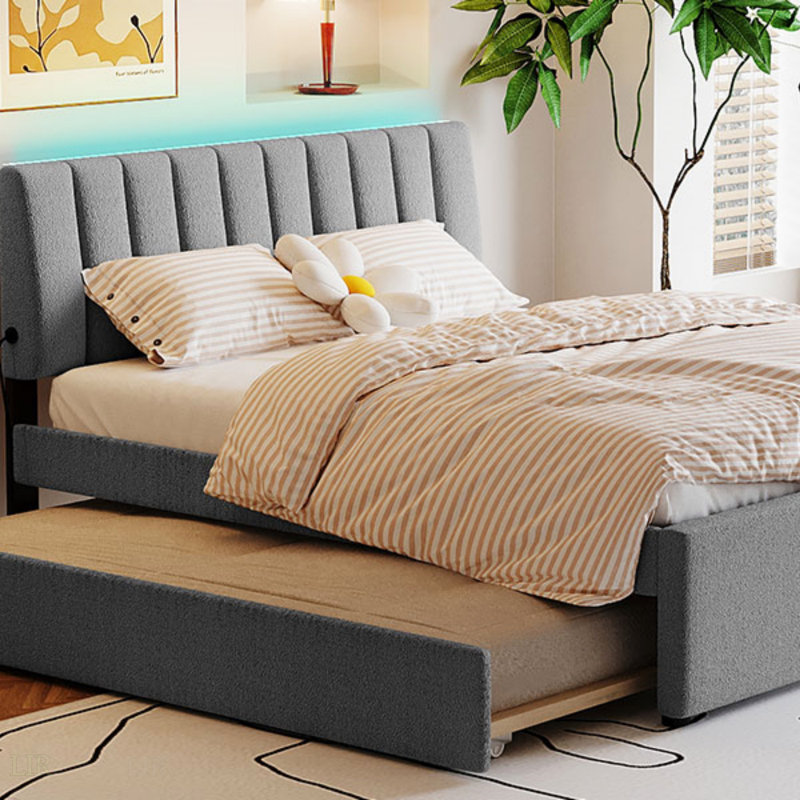 Lit plateforme tapissier grand avec lit gigogne simple TG, gris, Grand lit