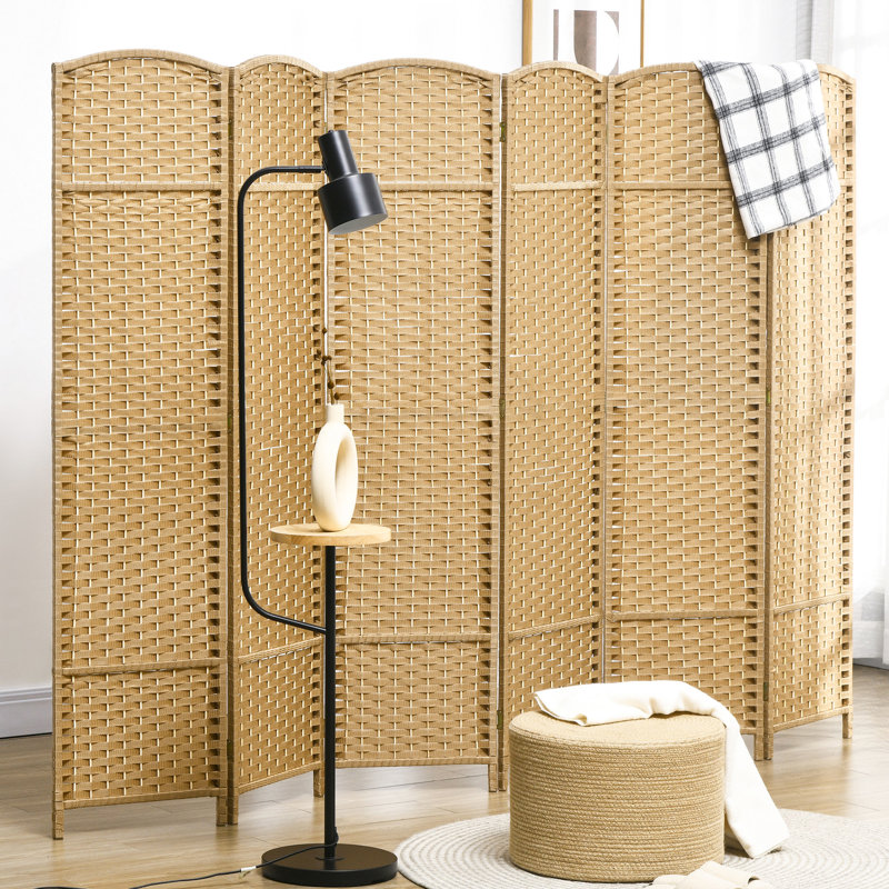 Paravent de 5,6 pi de hauteur avec cloison pliante 6 panneaux. Cloison en bois naturel tissé à la main pour la chambre à coucher et le bureau à domicile. Polyvalent
