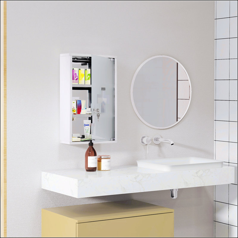 Kleankin Wall Mounted Lockable Medicine Cabinet With 3 Tier Shelves, Stainless Steel Frame, And Glass Door For Bathroom Storage