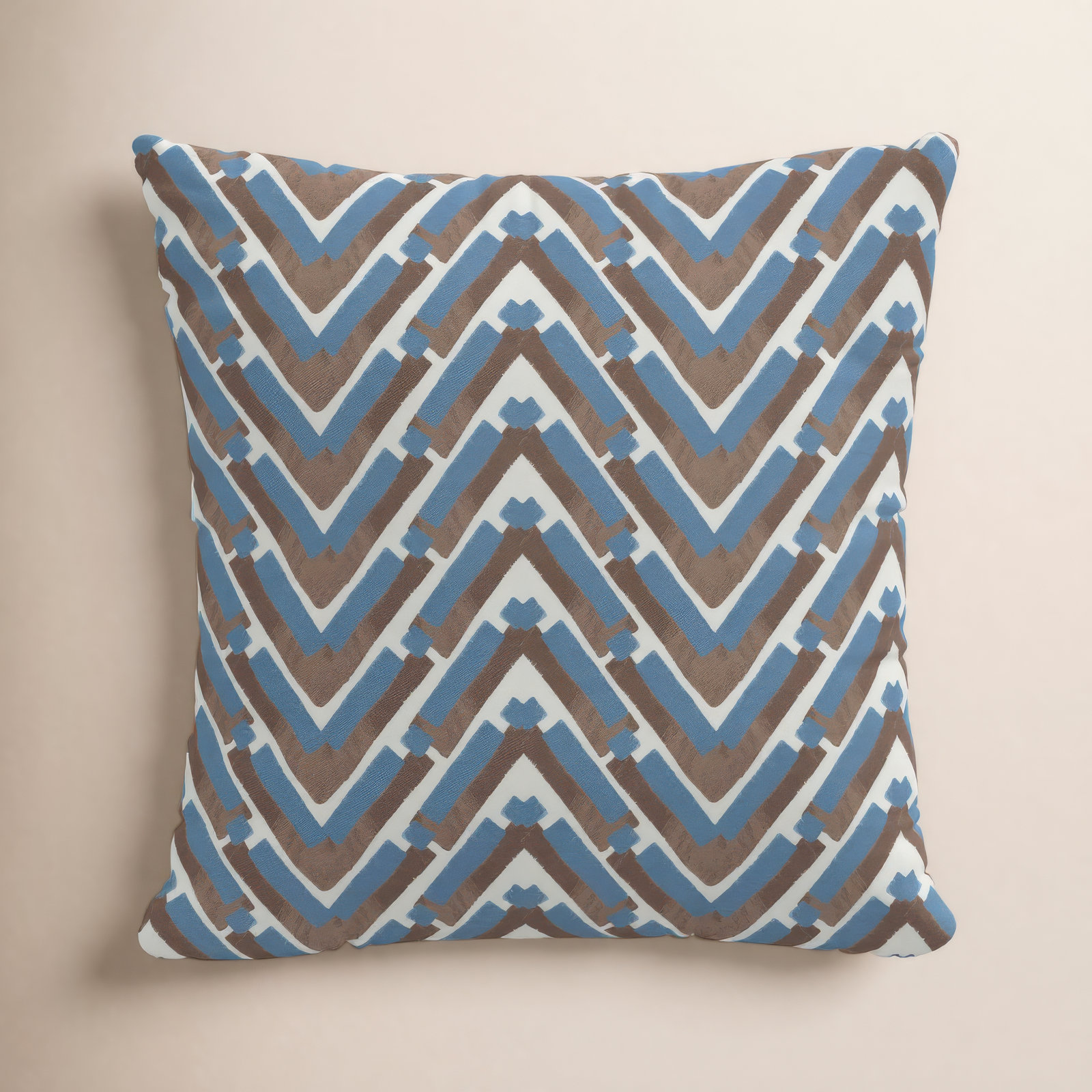 Chevron Cotton Throw Pillow, Blue/Brown/White, 18" x 18", Polyester/Polyfill
