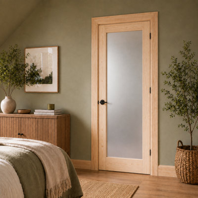 Dalle de porte intérieure en bois de pin massif, brun clair et verre givré