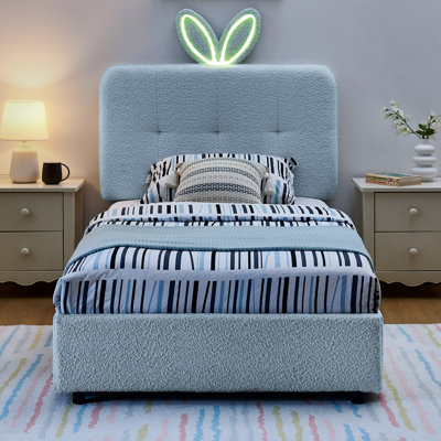 Twin Bed With Big Rabbit Ear Headboard, Led Lighting For A Cheerful Bedroom, 4 Pull - Out Drawers, Boucle Upholstered, Stable And Soft Frame Size Bedroom Lights Relaxing Storage Upholstery, Breathable
