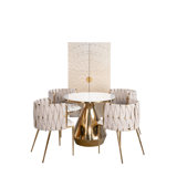 Izzabella 5-Piece Dining Set – Round White Marble Bistro Table with Gold Stainless Steel Base and 4 Woven Curved Dining Chairs with Gold Legs