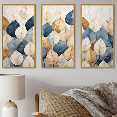 Beige And Blue Minimalism Leaves Collage I - Leaves Wall Art Living Room Set