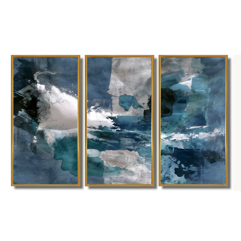 «Blue Sturdy Guardians», ensemble d'art mural abstrait, H 40 po x l 60 po, Reproduction avec cadre flottant, Doré