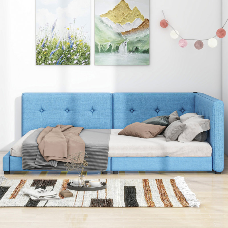 Lit plateforme tapissier avec ports USB, Bleu, Queen
