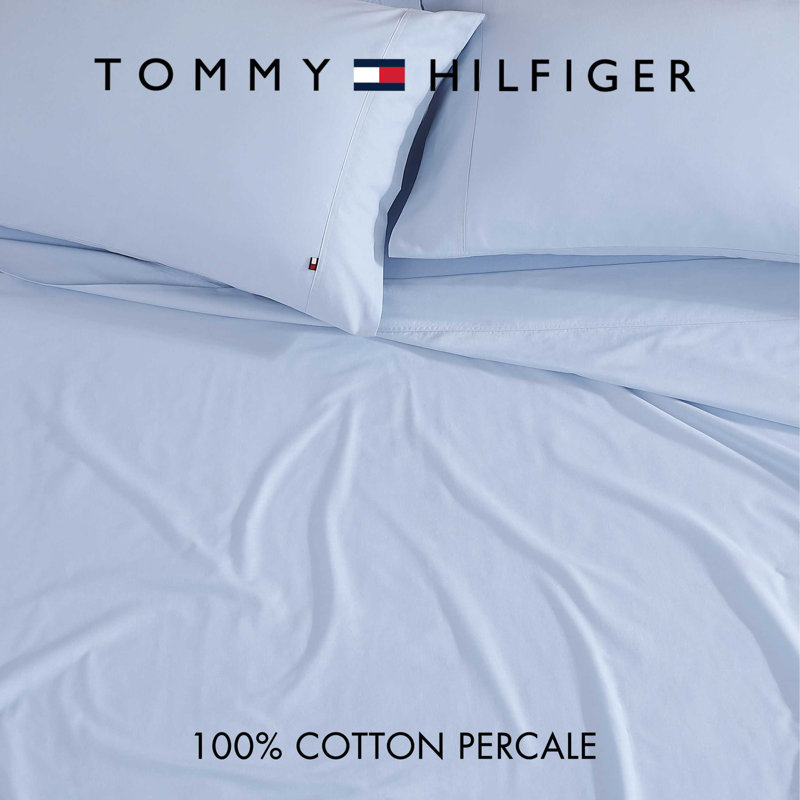 Tommy Hilfiger Solid Cotton Percale Sheet Set, Blue, Twin Extra Long Sheet Set with 1 Pillowcase