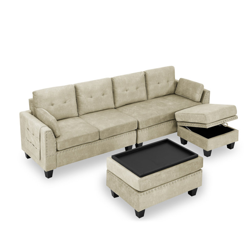 Canapé modulaire avec rangement 3 têtes cloutées, Velours beige