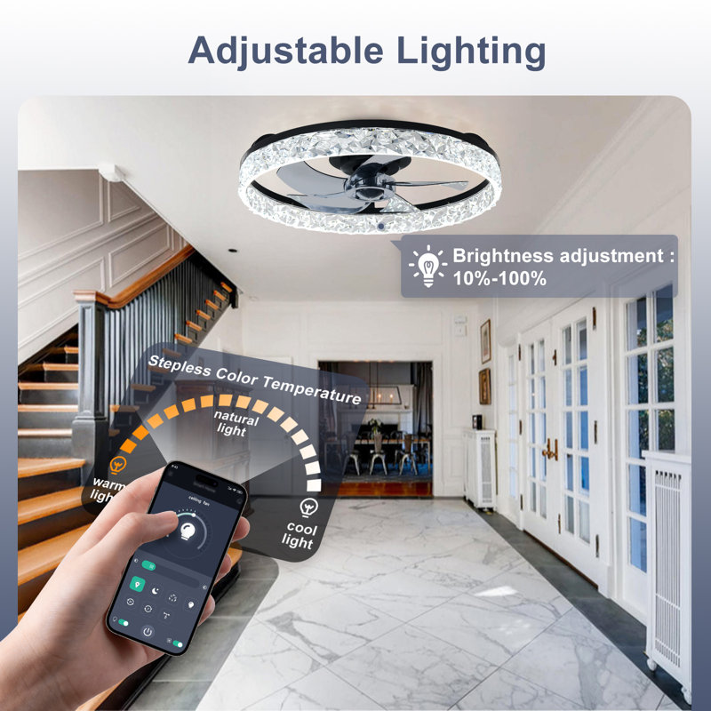 Ventilateur de plafond extra-plat Depuley 51 cm (20 po) avec éclairage, silencieux, application et télécommande, DEL 3 CCT à intensité variable, montage encastré pour chambre, noir