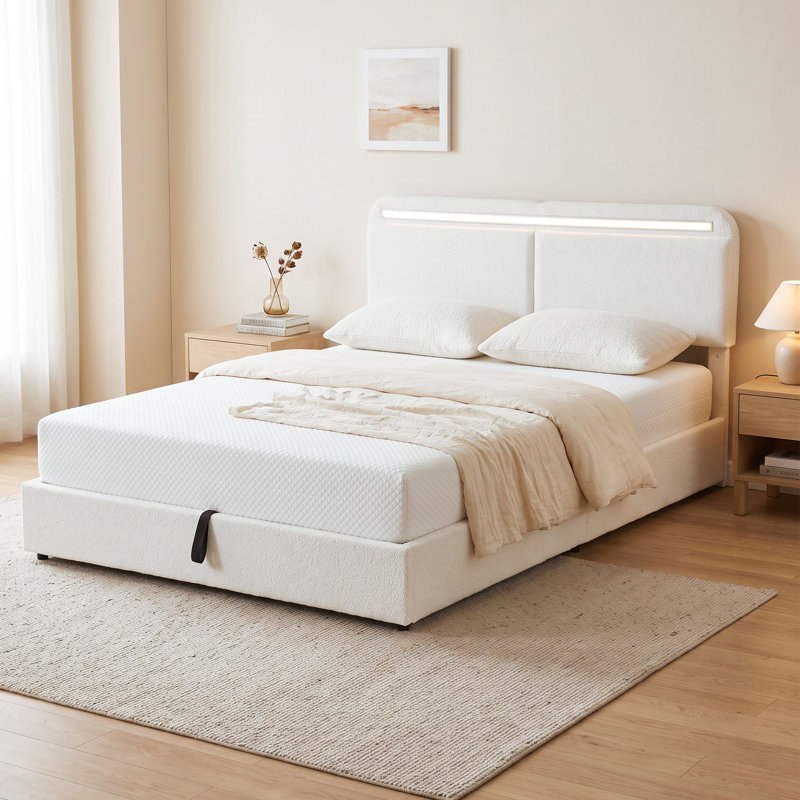 Cadre de lit Queen avec station de recharge, cadre de lit plateforme, blanc