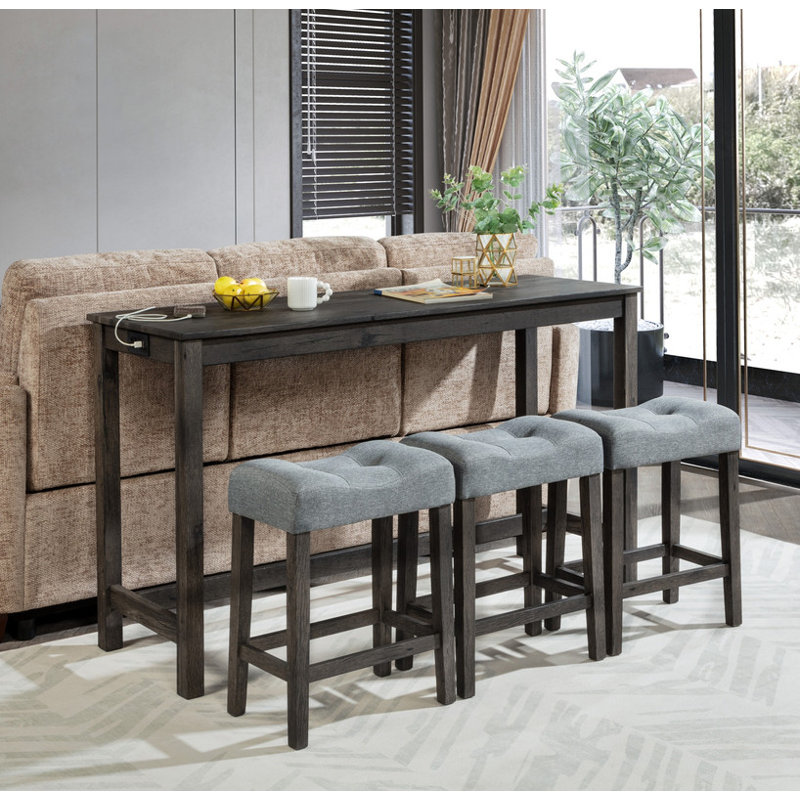 4-Piece Modern Bar Table Set with Built-in Power Outlet Sofa Behind Couch Table & 3 Padded Stools Dark Grey Upholstery Sturdy Metal Frame for Living Room, Dining & Home Office