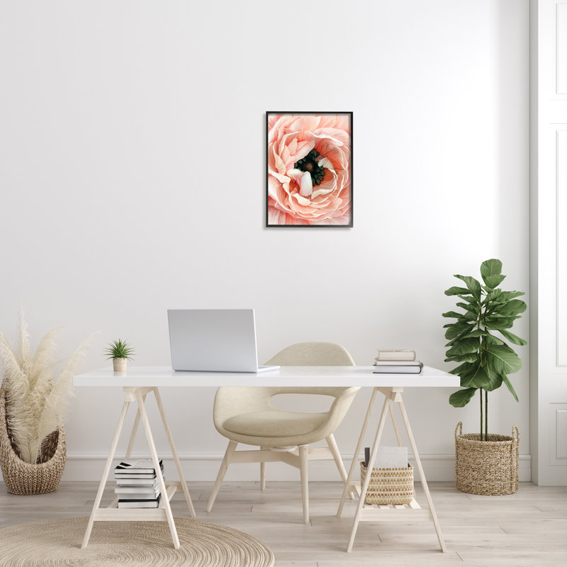 Gros plan sur une pivoine rose, Giclée encadrée noir minuit, H 20 po x l 16 po x P 1,5 po