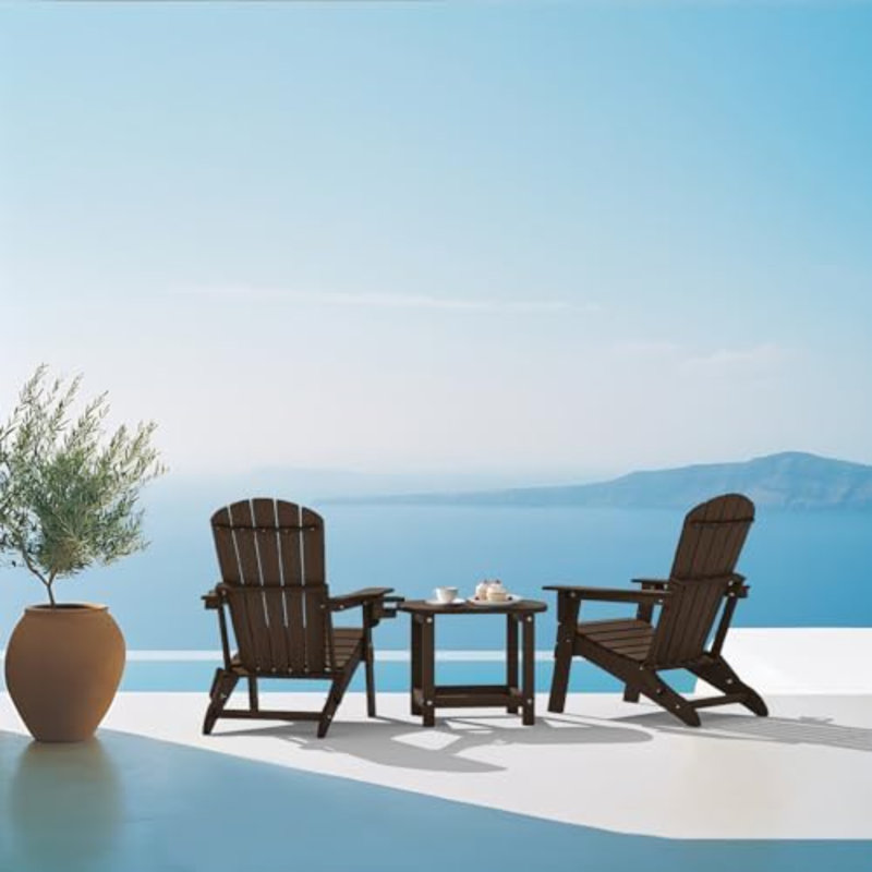 Folding Adirondack Chair Set Of 4, Cup Holder，Wooden Textured ，Heavy All-Weather HDPE Comfortable Set Poolside Backyard Lawn Coffee