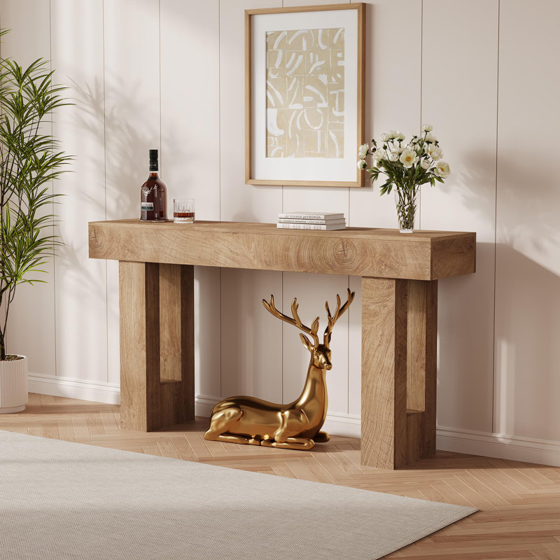 Console 63 po, canapé long derrière le canapé, table d'entrée en bois, Jaune