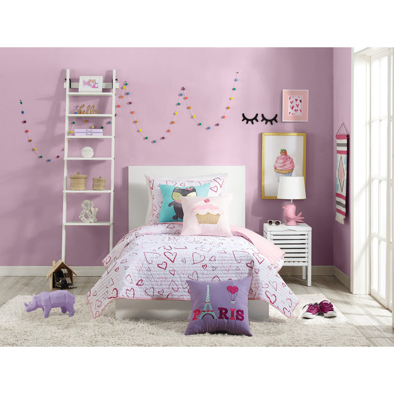 Pink and White Reversible Microfiber Twin Quilt Set