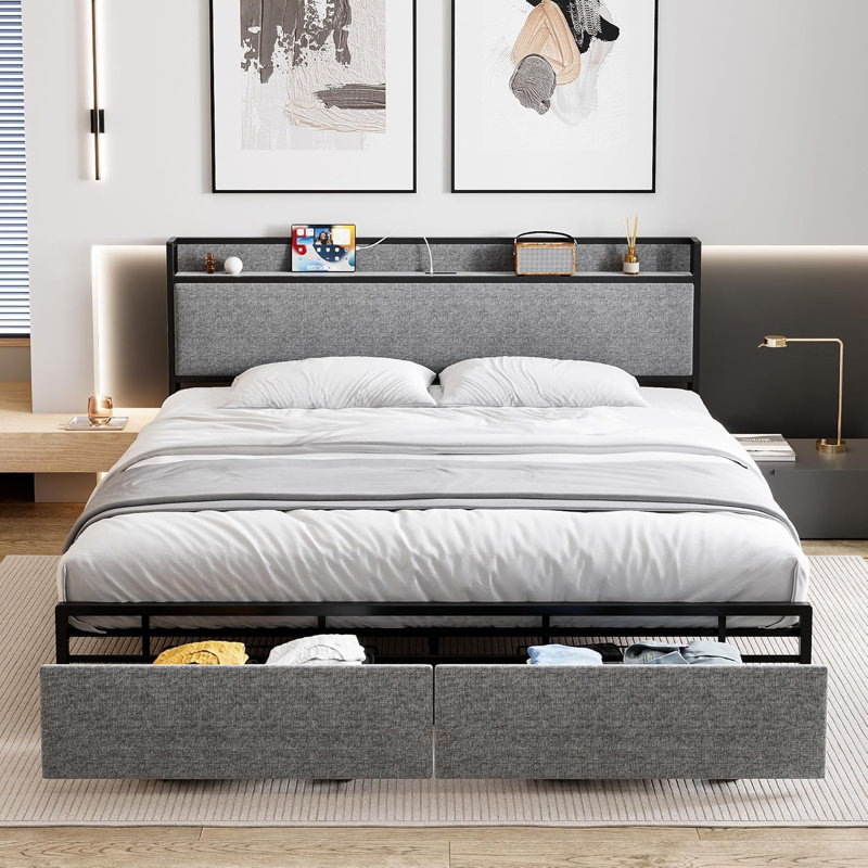 Très grand cadre de lit très grand avec 2 tiroirs et ports USB, tête de lit tapissier moderne avec tablette, sans bruit, gris