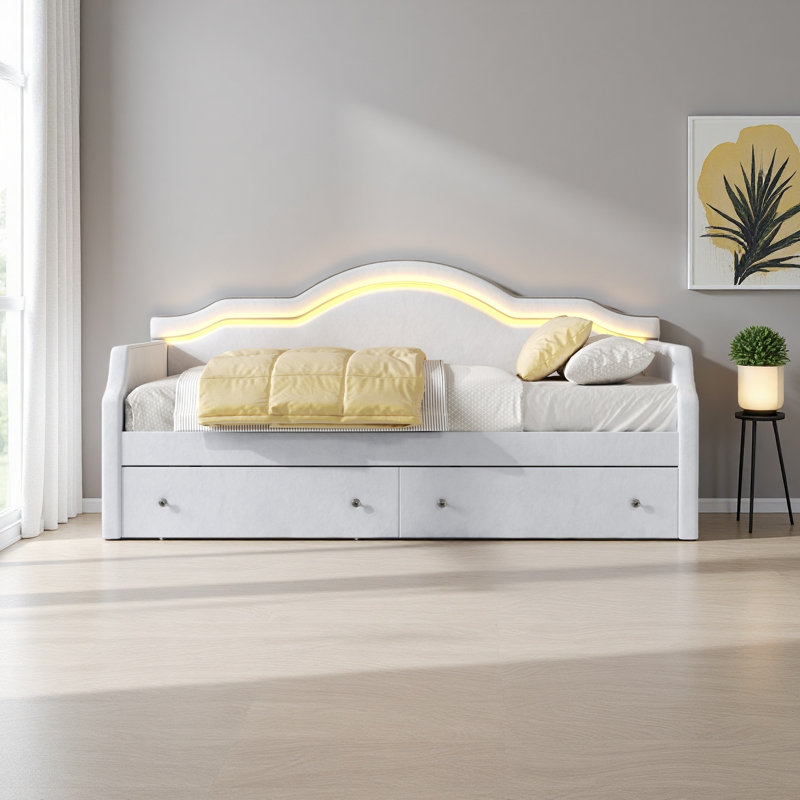 Upholstered Daybed With LED And 2 Drawers, Beige, Full / Double