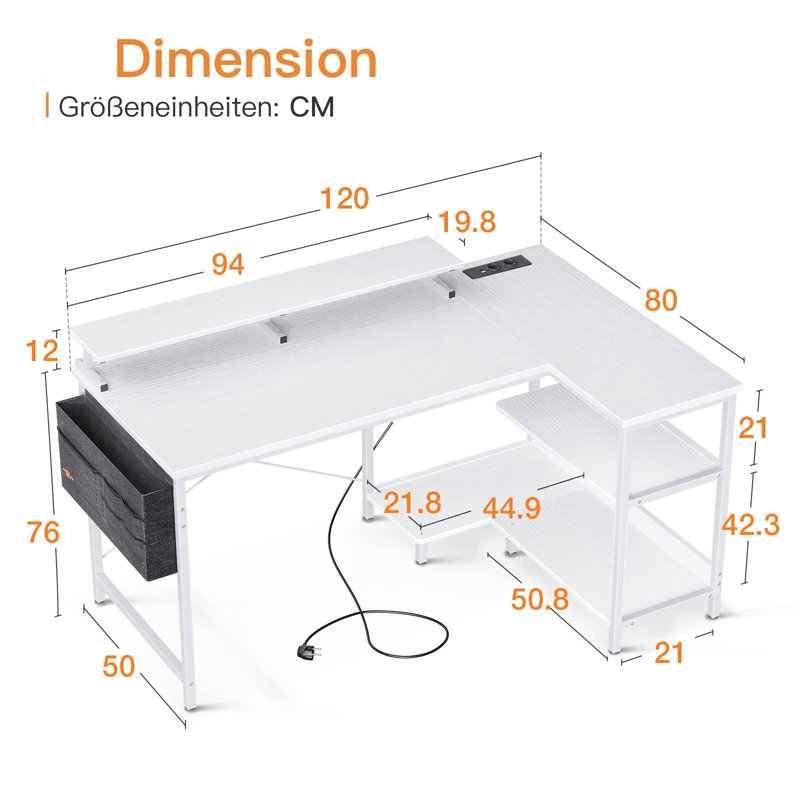 Analyce L-Shaped Writing Desk, White