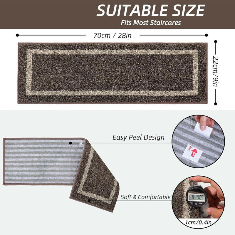 Tapis d'escalier doux 15 pièces antidérapants, Brun