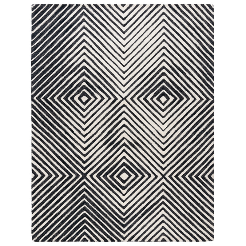 Joahan Geometric Hand Tufted Wool/Cotton Area Rug in Black/Ivory, Rectangle 9' x 12'