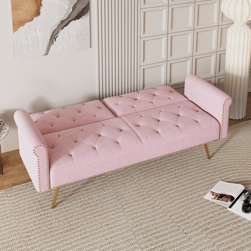 Plush Beige Velvet Convertible Sofa Bed With Decorative Nail Heads, Pink