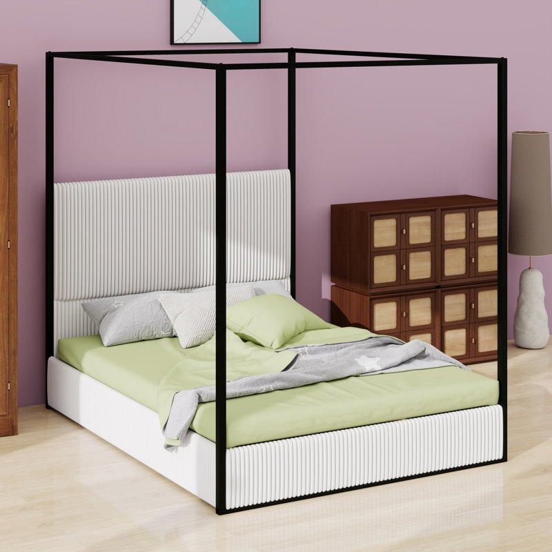 Cadre de lit à baldaquin en métal élégant, design moderne et luxueux à quatre colonnes avec haute tête de lit rembourrée