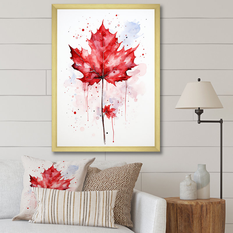 «Red Maple Leaf Beauty I» - Art mural érable, H 32 po x l 16 po x P 1 po, Cadre doré simple