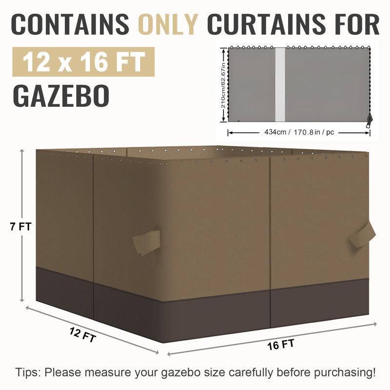 4-Panel Outdoor Gazebo Curtains, 82.7" H x 144" W192" D, Light Coffee/Coffee
