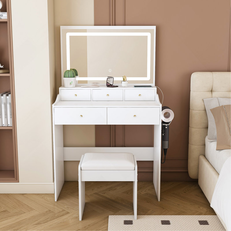 New Large Mirror Vanity Desk For Bed Room,Modern Makeup Vanity Set With Power Outlet And Hair Dryer Holder,5 Drawers,3 Lighting Adjustable Dressing Table For Bedroom,White