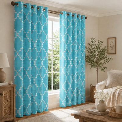 2 pièces rideaux bloquant le soleil à motif quadrilobe turquoise, style marocain, treillis géométrique moderne imprimé en anneau, salon chambre à coucher et isolant thermique pour la maison