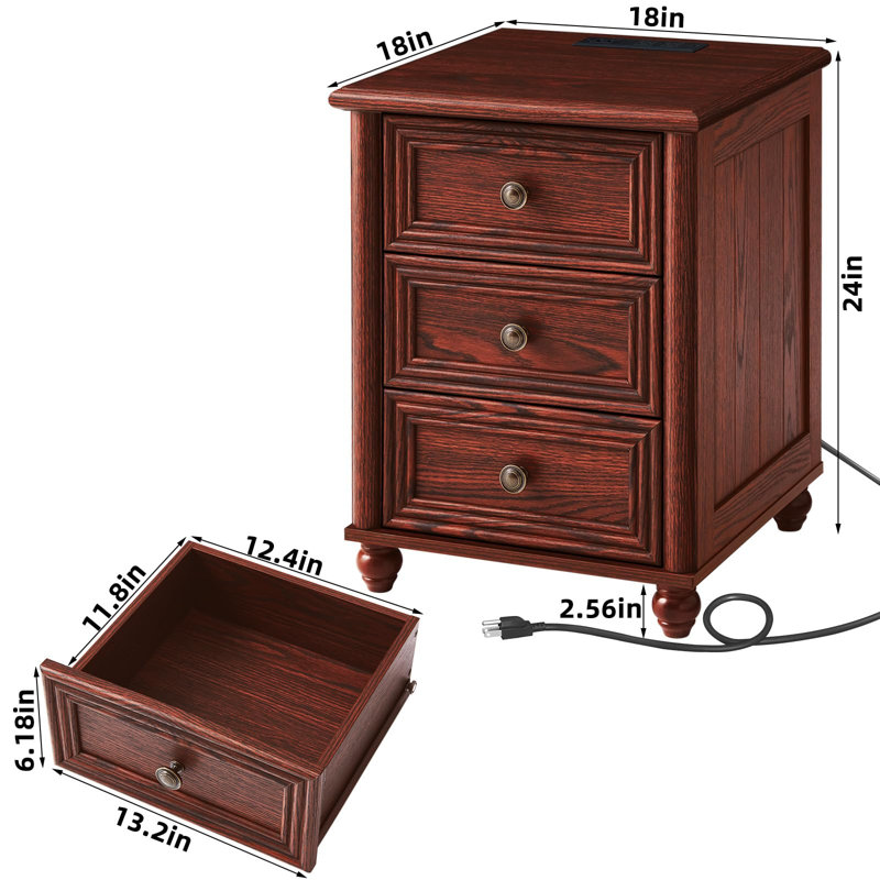 Ensemble de 2 tables de chevet avec station de charge, tables de chevet en bois de ferme avec 3 tiroirs, pieds à colonnes romaines et bases cylindriques pour la chambre à coucher et le salon
