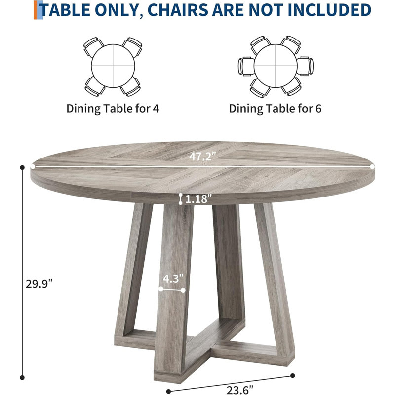 Dining Room Dining Table for 4-6, 47 Inch Round Dining Table, Farmhouse Circle Kitchen Table, Grey