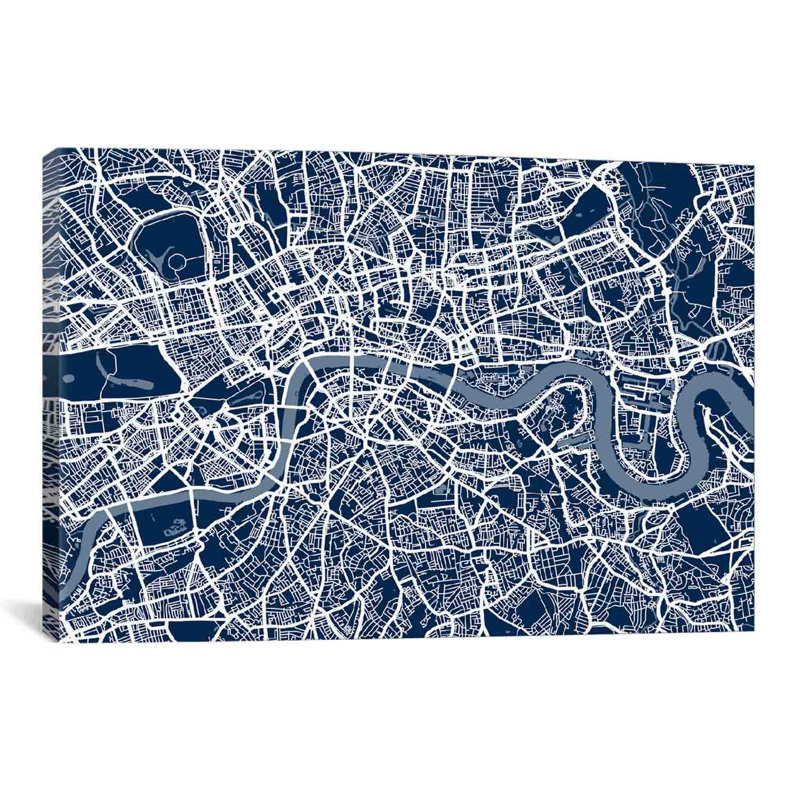 «London Map VI» par Michael Thompsett, impression sur toile, Papier avec cadre noir, Blanc, H 24 po x l 32 po x P 1 po