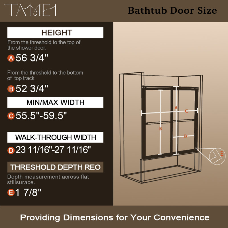 59'' - W x 56'' H Double Added Door Semi-Frameless Tub Door with, Silver