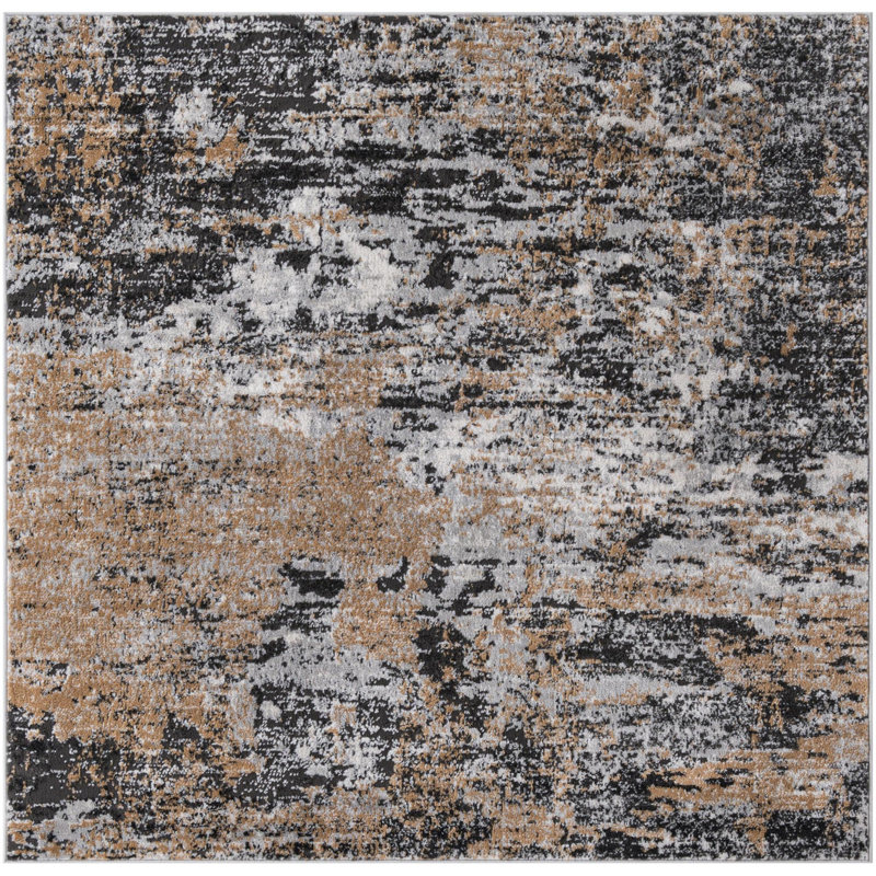 Tapis abstrait en polypropylène tissé à la machine Highdell en brun / noir / blanc, Carré 5 pi 3 po