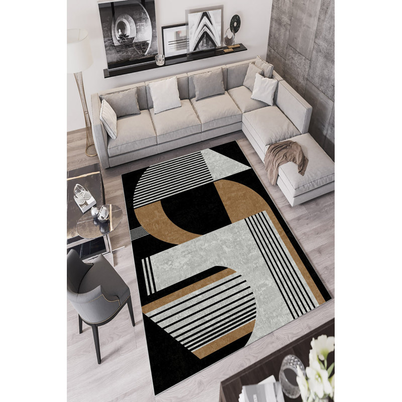 Premium Black Area Rug, 4.6 x 7.2 Feet | 100% Polyester, 650 g/m², 0.2 in Pile Height | Machine Washable, Antibacterial, Eco-Friendly, Non-Slip PVC Dot Underside | Stylish Addition for Living Room & Bedroom Décor
