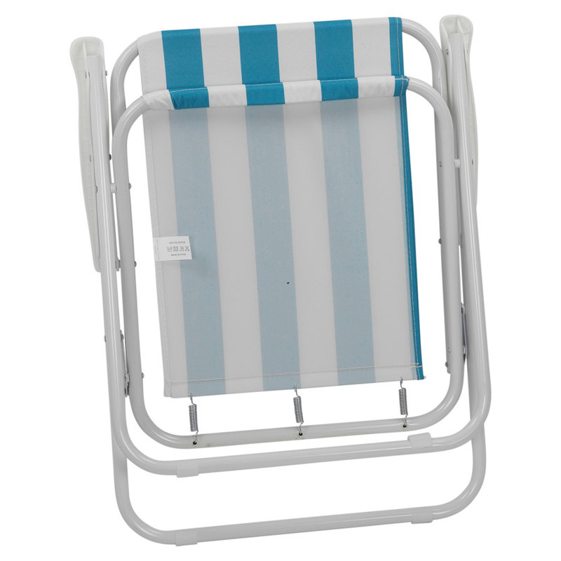 Garden Furniture Set of 2 - Metal Folding White/Black Stripe Chairs and Square Glass Table with Parasol Hole, White/Blue